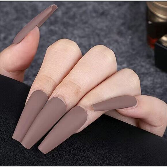 Taupe Press On Nails Set Matte Brown Long Coffin Shape with Glue 25 pc Fake Kit - Picture 1 of 4
